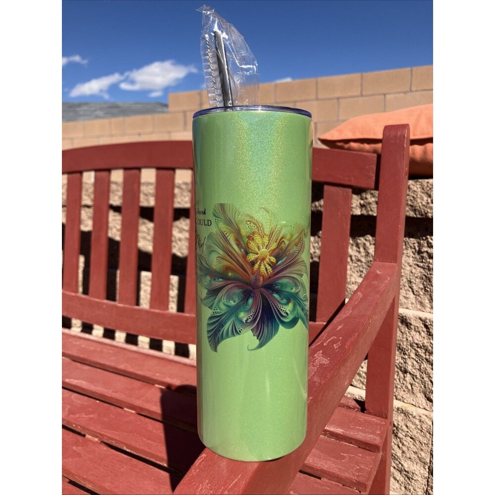 New Green Floral Tumbler She Believed She Could So She Did W/Straw 8”